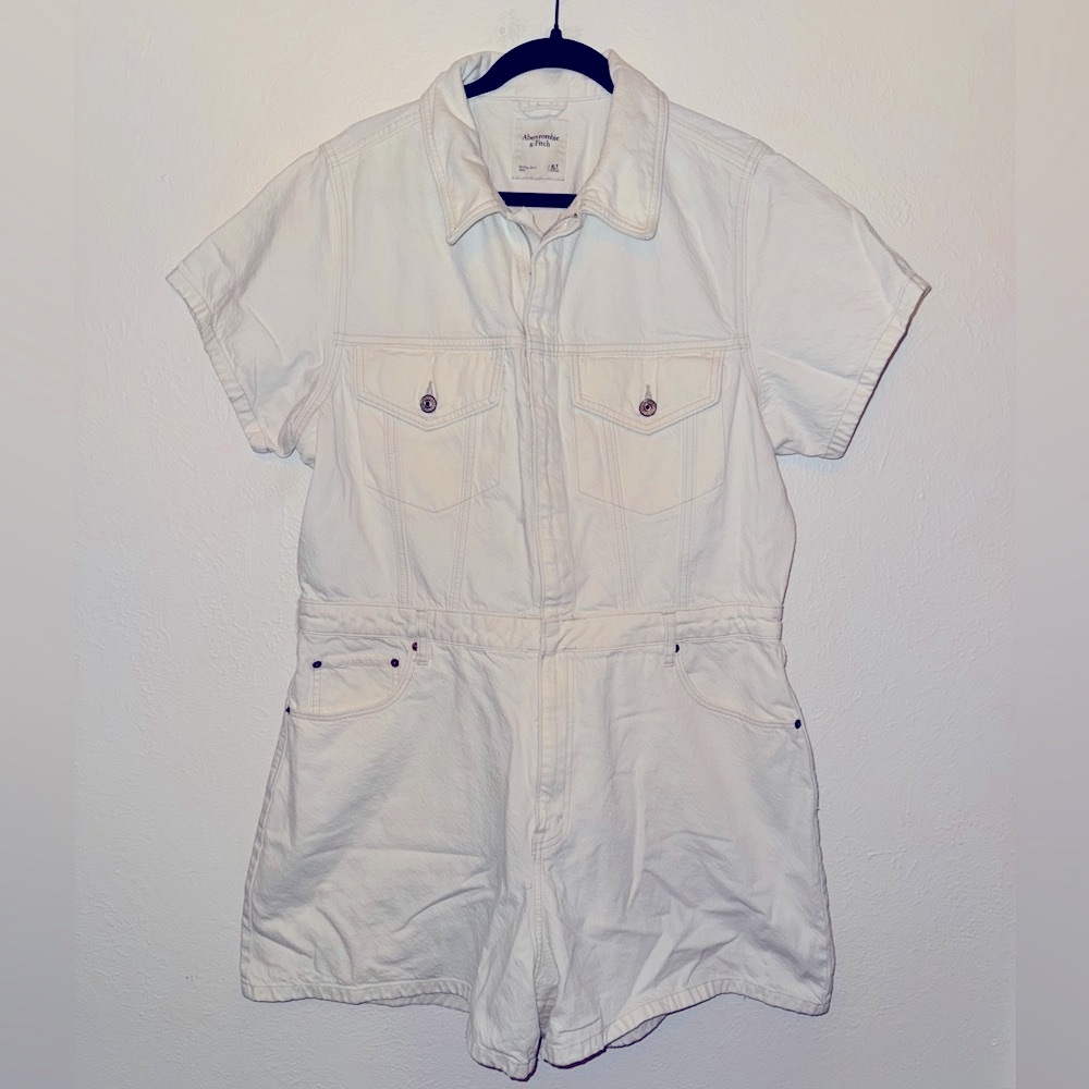 White Short Sleeve Denim Romper